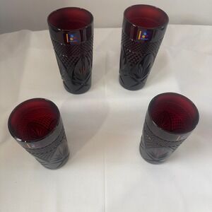 4 Luminarc Ruby Tumblers 6.25"Highball Glasses‎ Diamond Leaf Cut
